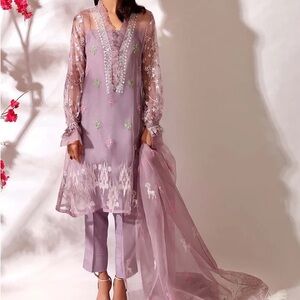 Pakistani Indian Bollywood Elegant Sheer Floral Embroider kurta trouser duputta